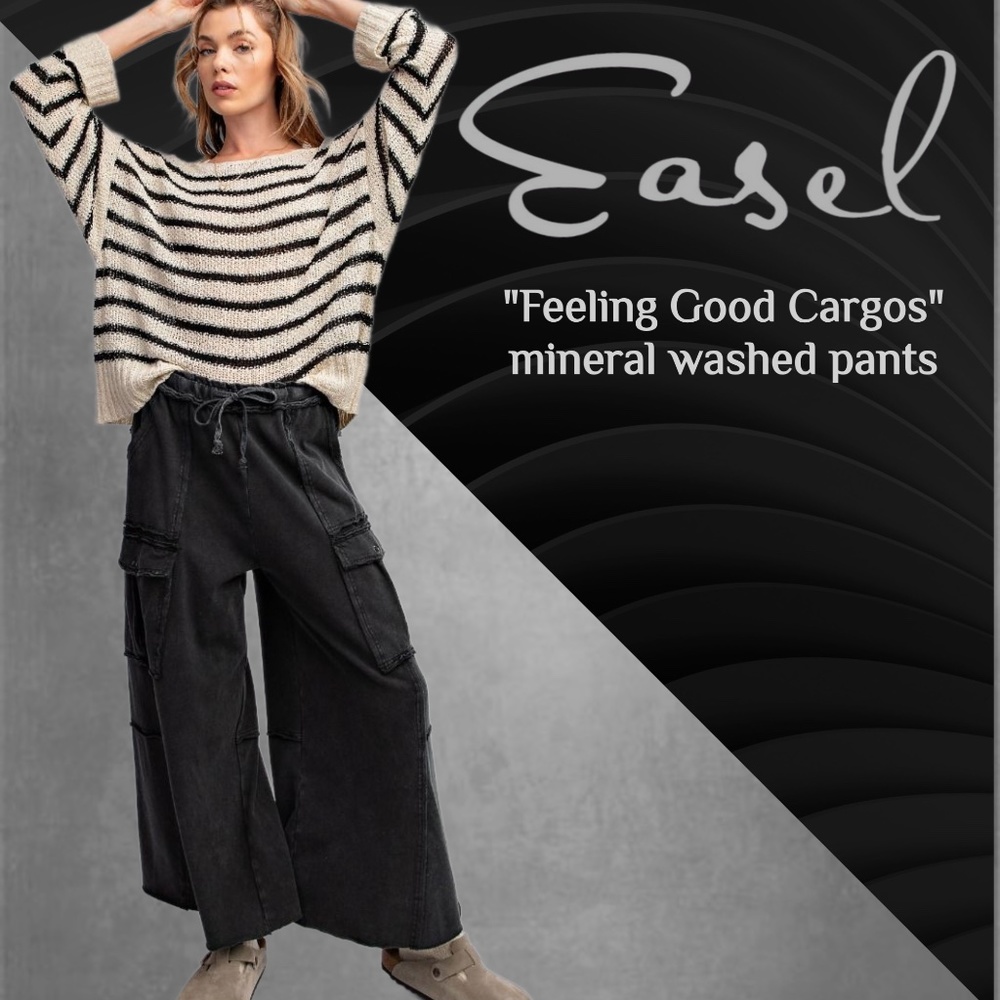 EASEL "Feeling Good Cargo" Mineral Washed Raw Seams Extra Wide Leg Utility Pants